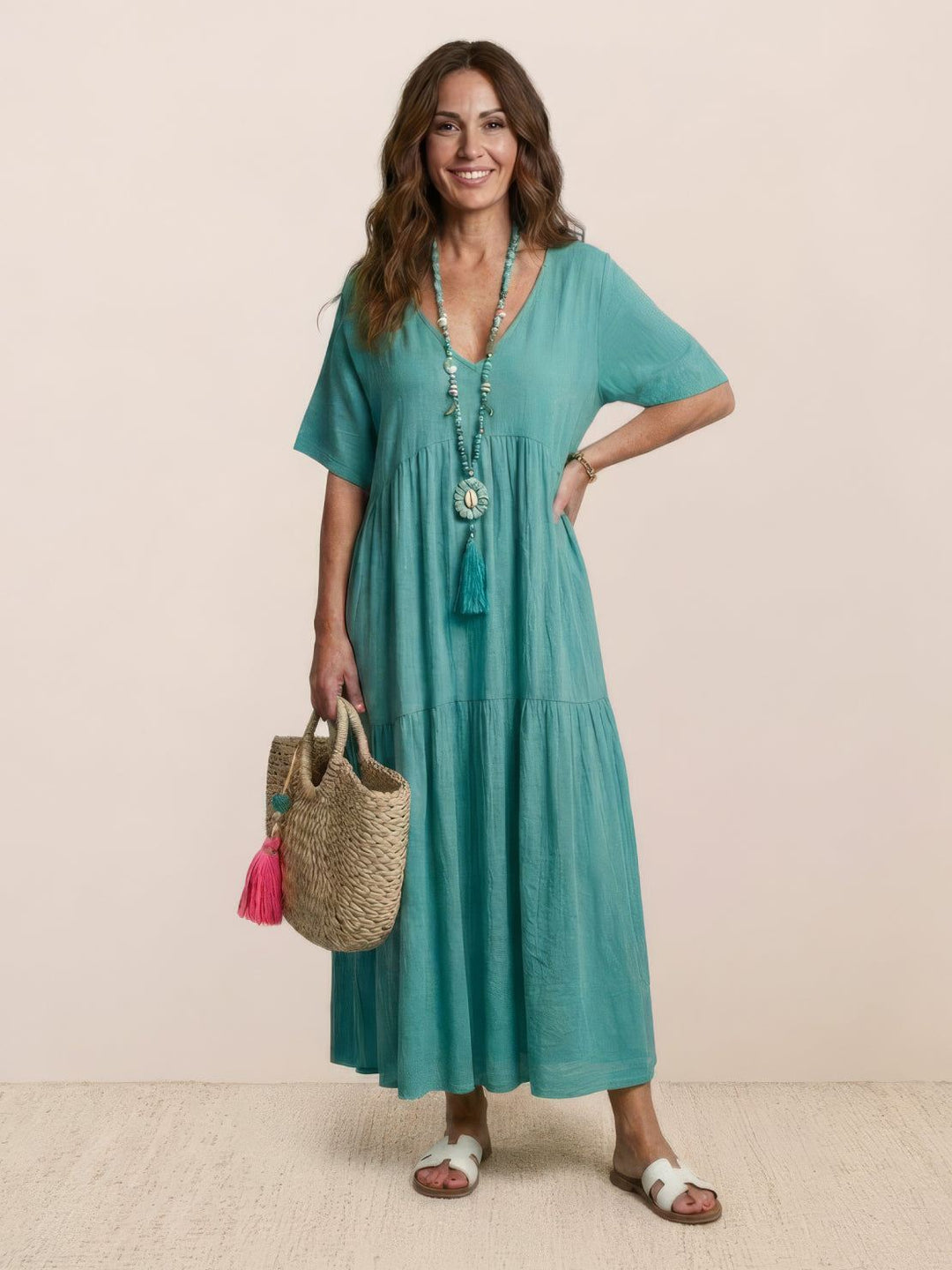 Willow | Women's V-Neck Tiered Maxi Dress Short Sleeve Swing