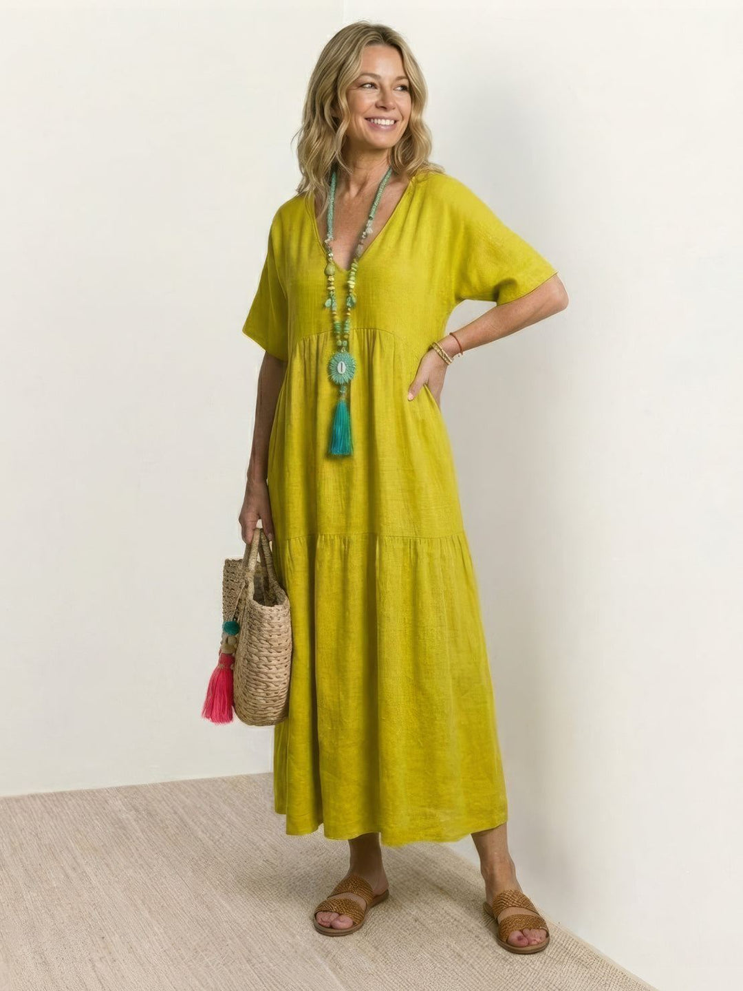 Willow | Women's V-Neck Tiered Maxi Dress Short Sleeve Swing