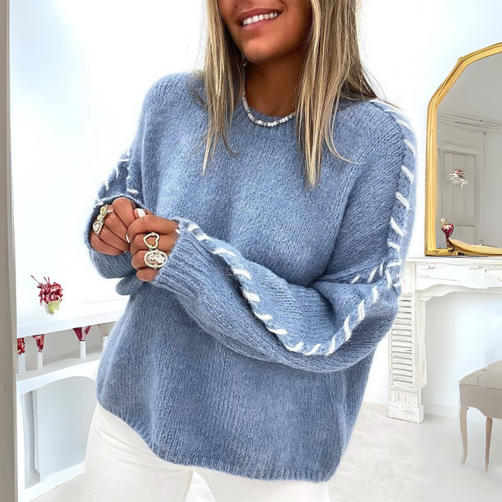 Valentina | Women's Contrast Stitch Long Sleeve Sweater - Beige - Image 2