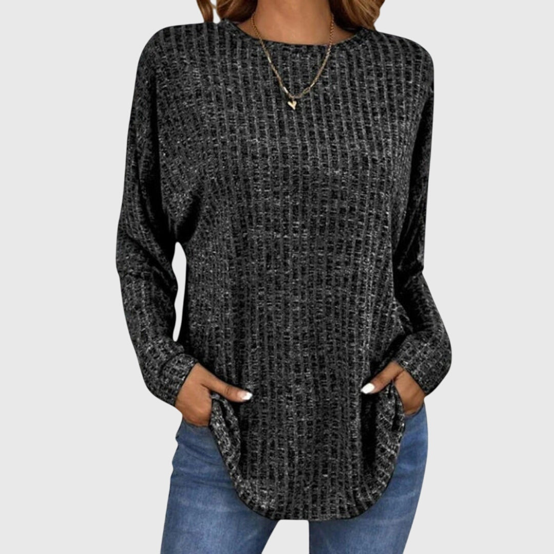 Valentina | Women's Round Neck Long Sleeve Textured Knit Top - Grey - Image 1