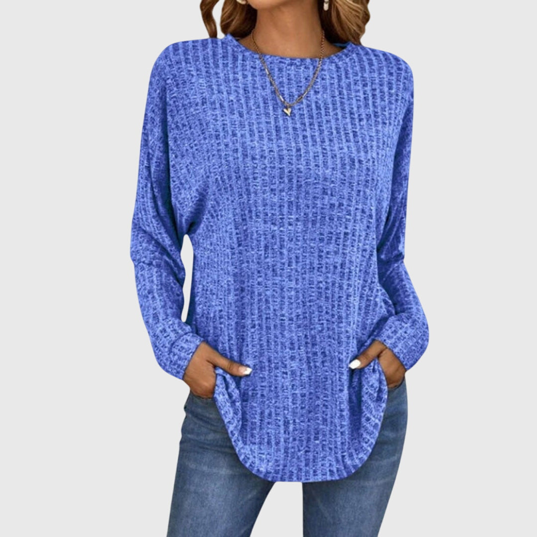 Valentina | Women's Round Neck Long Sleeve Textured Knit Top - Grey - Image 2