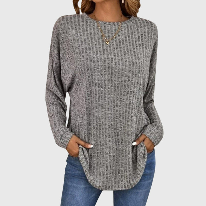 Valentina | Women's Round Neck Long Sleeve Textured Knit Top - Grey - Image 3