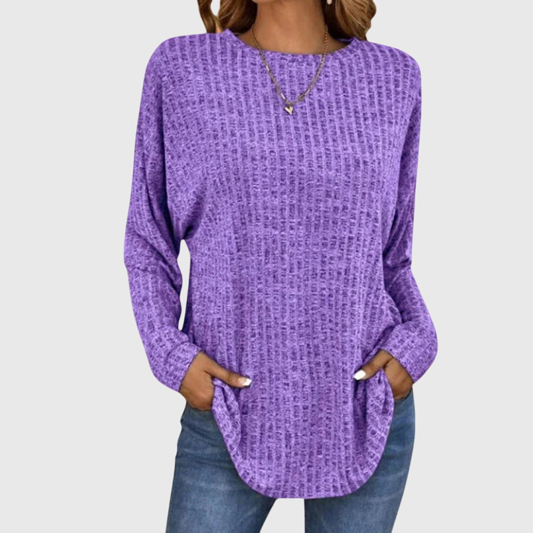 Valentina | Women's Round Neck Long Sleeve Textured Knit Top - Grey - Image 4