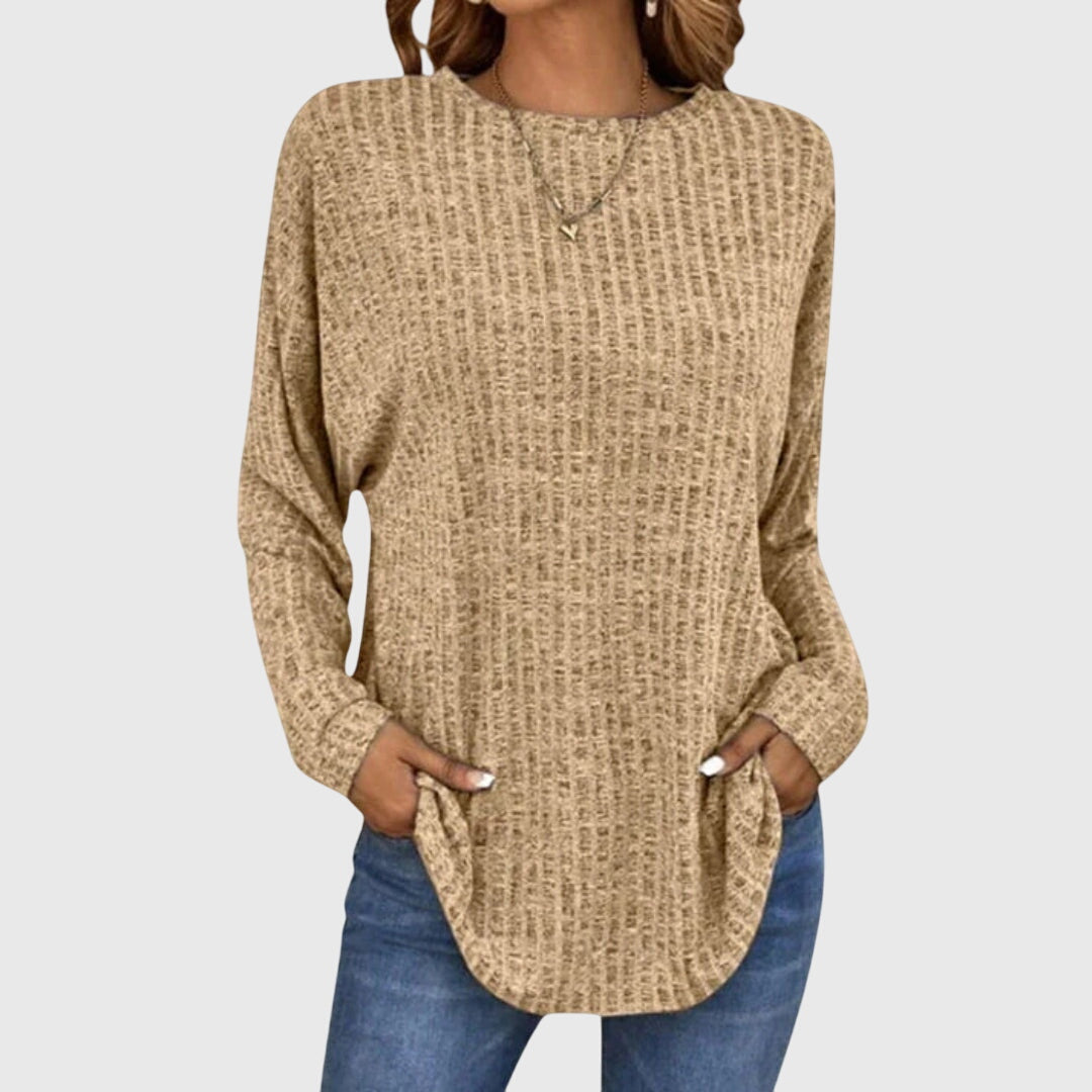Valentina | Women's Round Neck Long Sleeve Textured Knit Top - Grey - Image 5