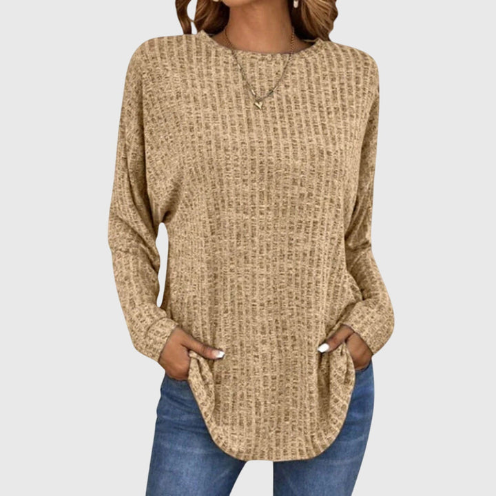 Valentina | Women's Round Neck Long Sleeve Textured Knit Top - Grey - Image 5