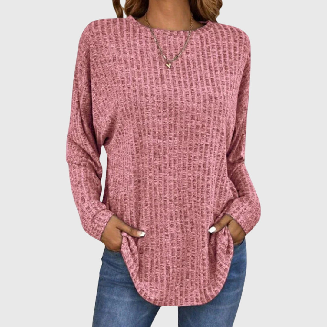 Valentina | Women's Round Neck Long Sleeve Textured Knit Top - Grey - Image 6