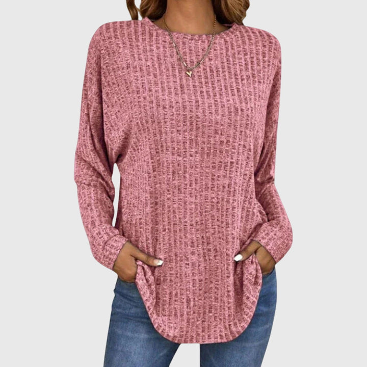 Valentina | Women's Round Neck Long Sleeve Textured Knit Top - Grey - Image 6
