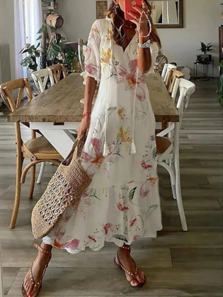 Andrea | Boho Vintage V-Neck Printed Dress