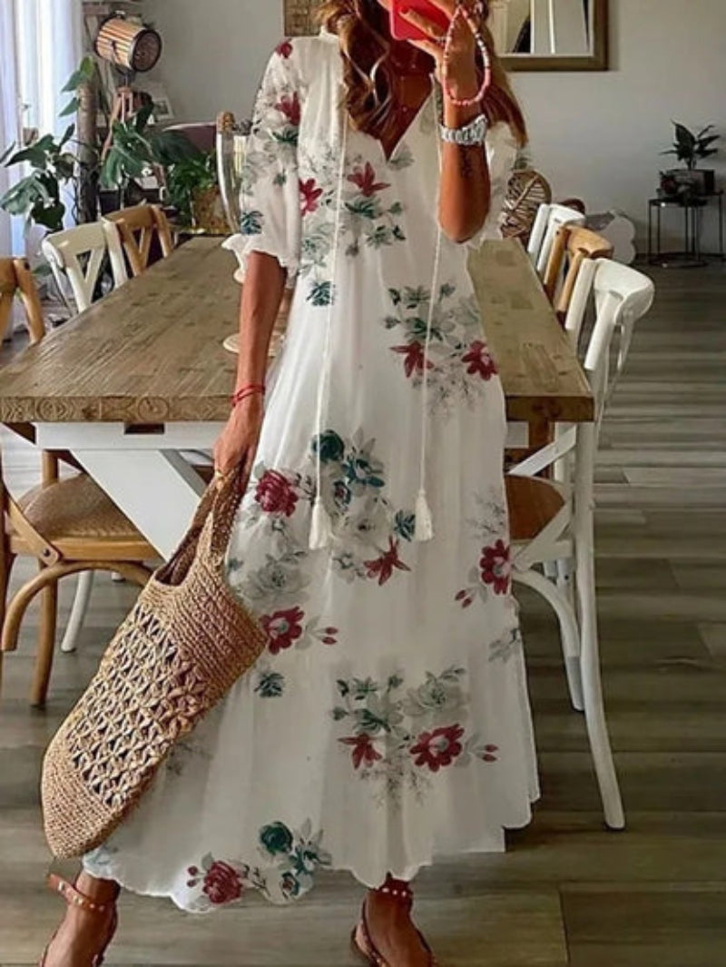 Andrea | Boho Vintage V-Neck Printed Dress
