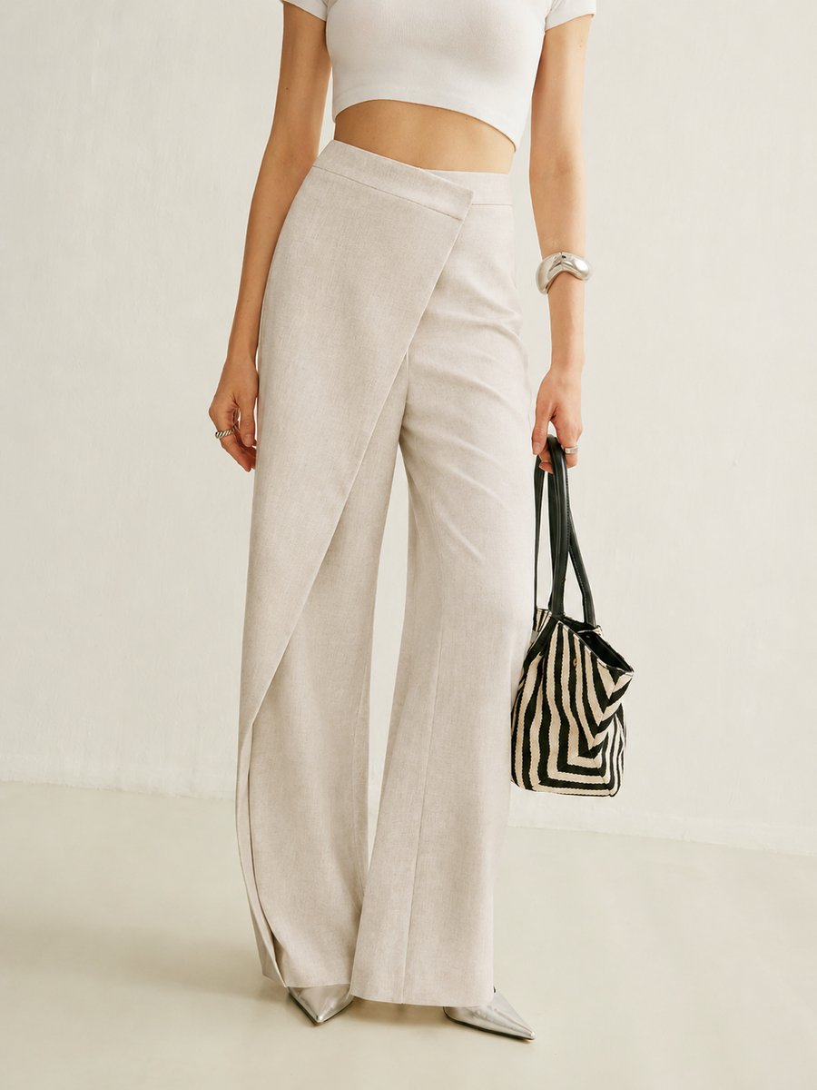 Vashti | Women's High Waist Asymmetric Wide Leg Pants - Light Grey - Image 2