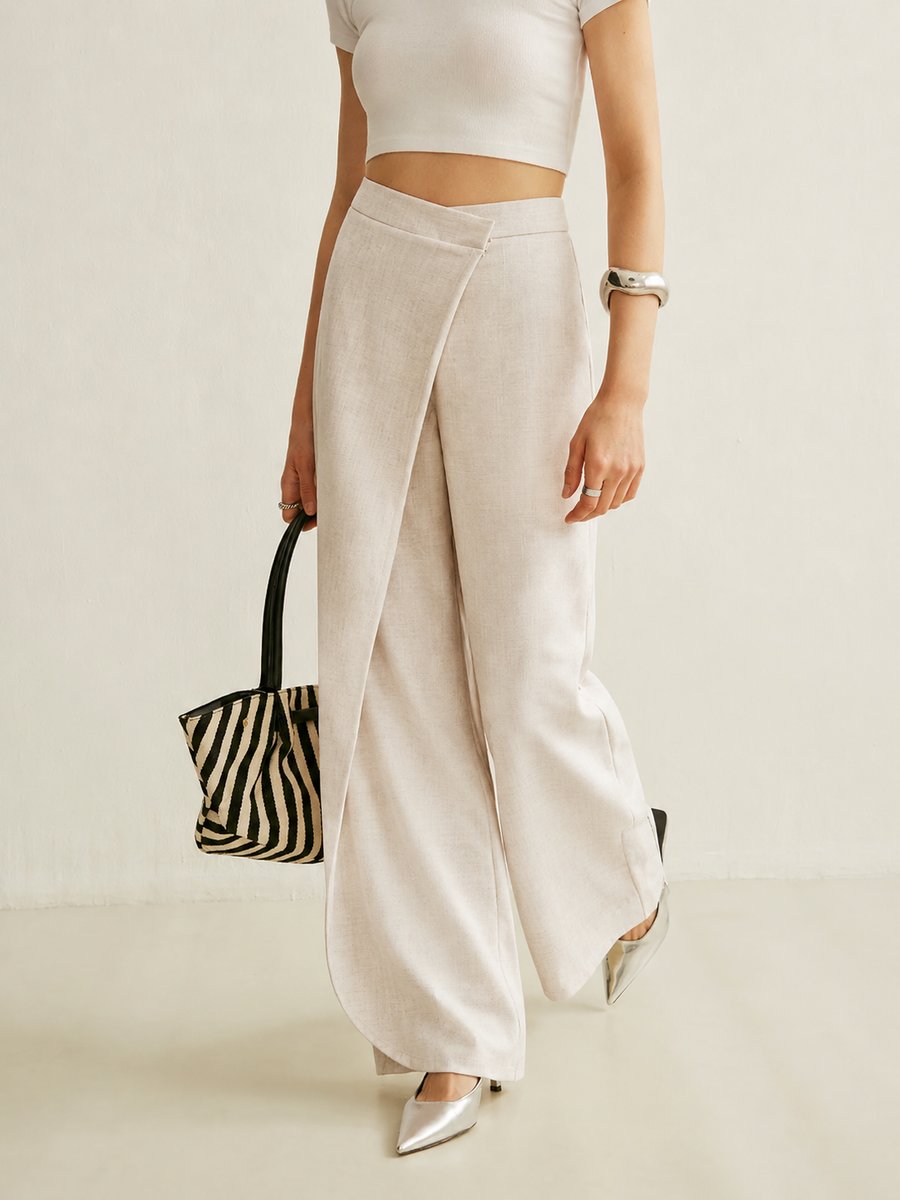 Vashti | Women's High Waist Asymmetric Wide Leg Pants - Light Grey - Image 5