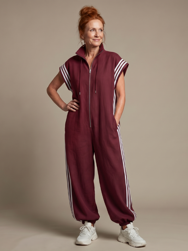 Vashti | Women's Zip Front Stripe Panel Jumpsuit - Burgundy - Image 1