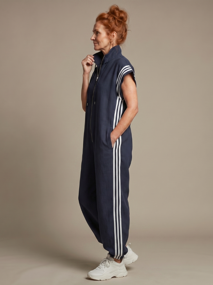 Vashti | Women's Zip Front Stripe Panel Jumpsuit - Burgundy - Image 12