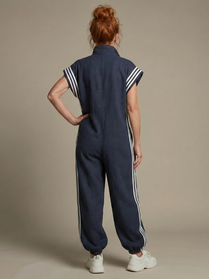 Vashti | Women's Zip Front Stripe Panel Jumpsuit - Burgundy - Image 14