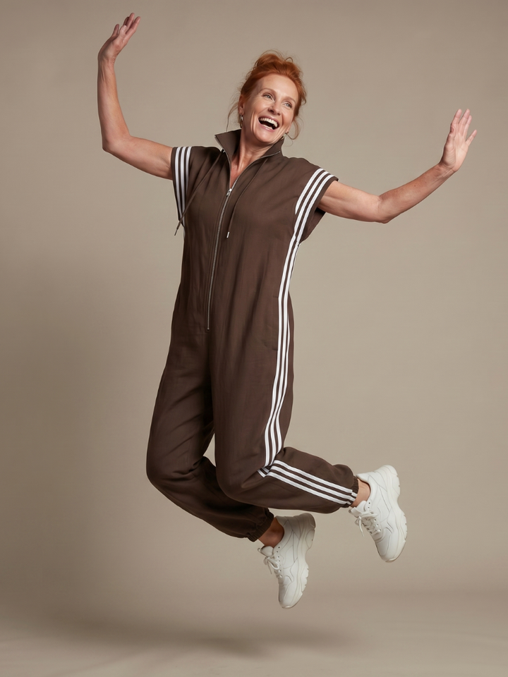 Vashti | Women's Zip Front Stripe Panel Jumpsuit - Burgundy - Image 16