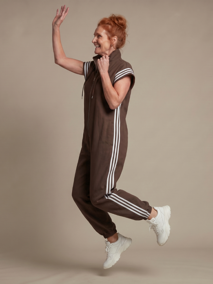 Vashti | Women's Zip Front Stripe Panel Jumpsuit - Burgundy - Image 17