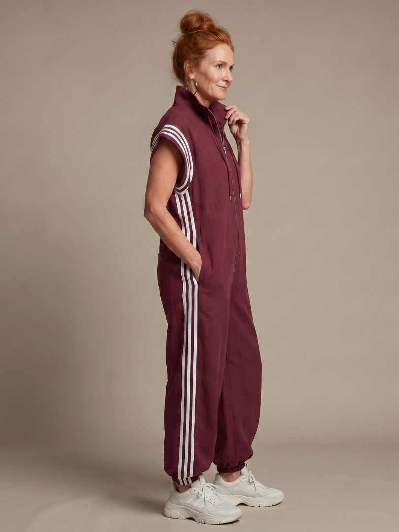 Vashti | Women's Zip Front Stripe Panel Jumpsuit - Burgundy - Image 2