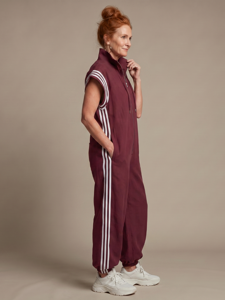 Vashti | Women's Zip Front Stripe Panel Jumpsuit - Burgundy - Image 2