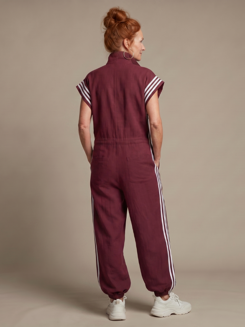 Vashti | Women's Zip Front Stripe Panel Jumpsuit - Burgundy - Image 4