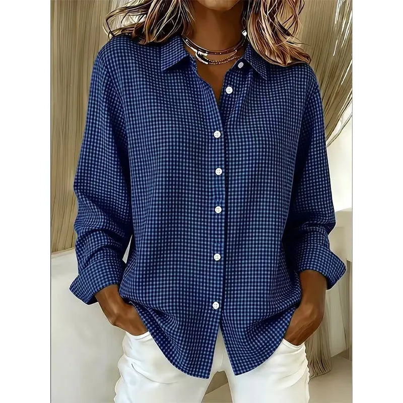 Veldaine | Women's Gingham Button-Down Shirt Blouse - Light Blue - Image 11