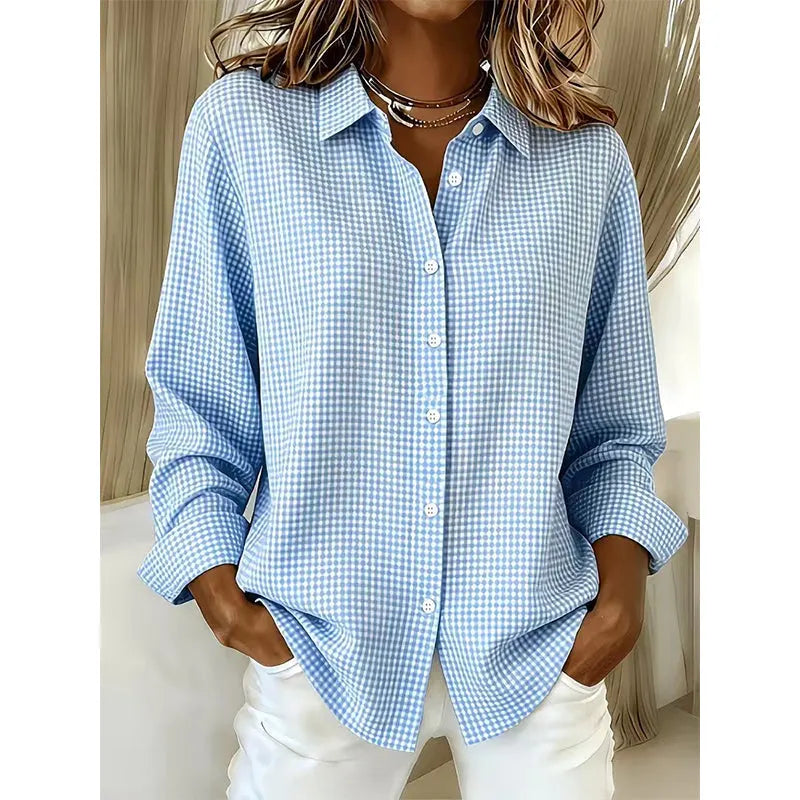 Veldaine | Women's Gingham Button-Down Shirt Blouse - Light Blue - Image 2