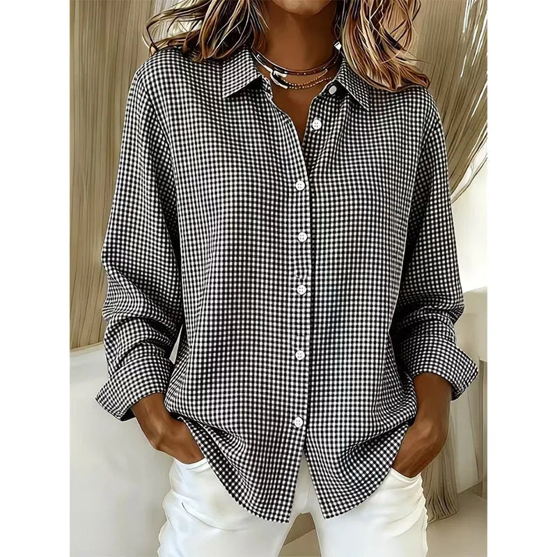 Veldaine | Women's Gingham Button-Down Shirt Blouse - Light Blue - Image 4