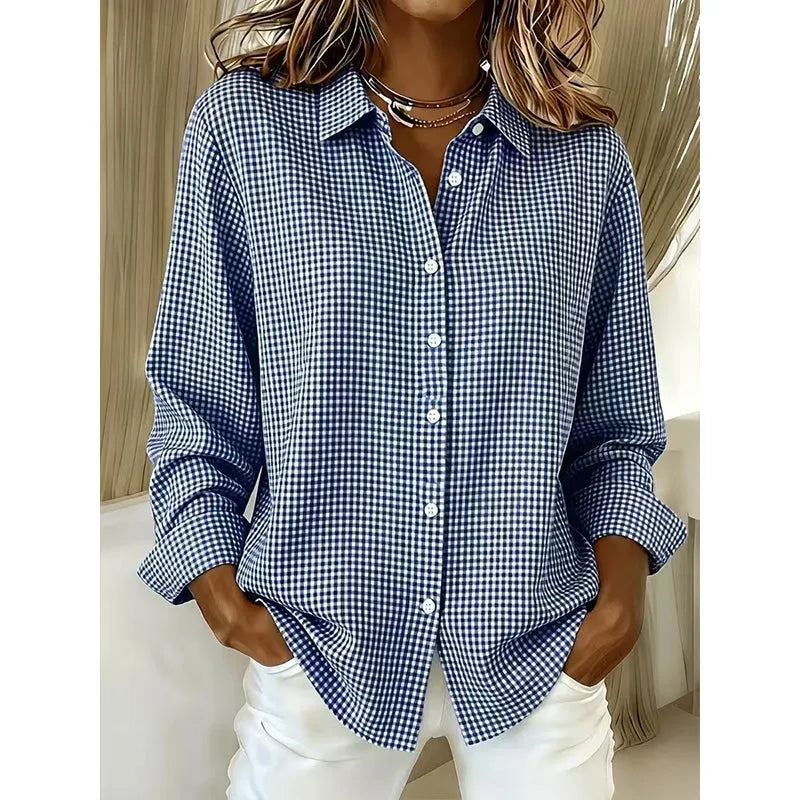Veldaine | Women's Gingham Button-Down Shirt Blouse - Light Blue - Image 6
