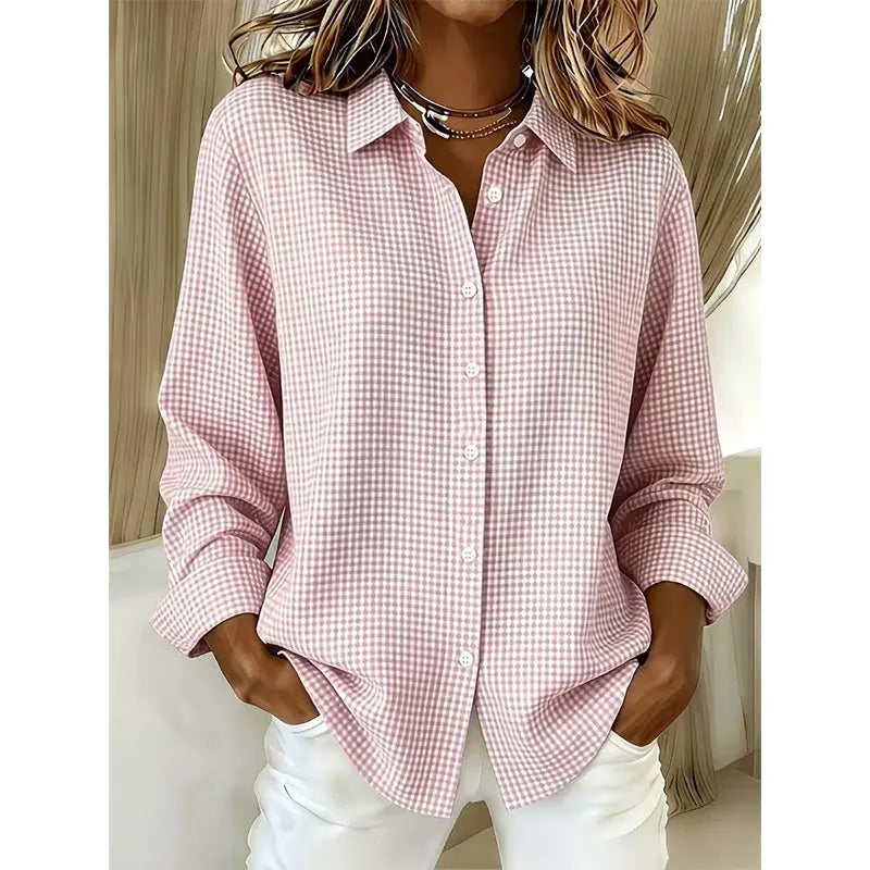 Veldaine | Women's Gingham Button-Down Shirt Blouse - Light Blue - Image 8