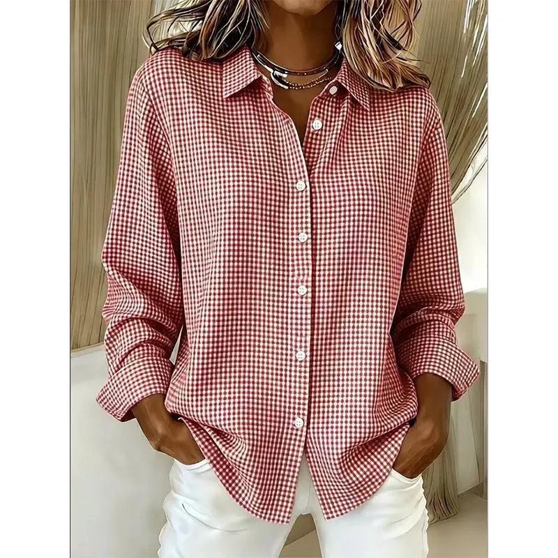 Veldaine | Women's Gingham Button-Down Shirt Blouse - Light Blue - Image 9