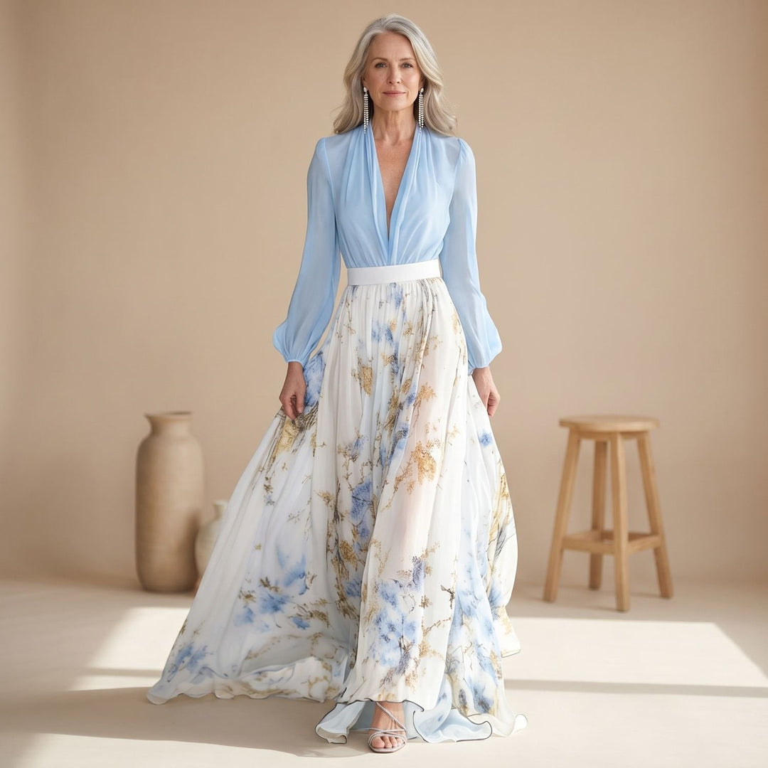 Veldara | Women's Summer Maxi Dress Floral Long Sleeve - Light Blue - Image 1