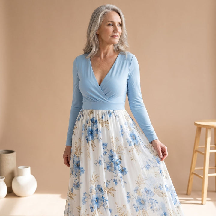 Veldara | Women's Summer Maxi Dress Floral Long Sleeve - Light Blue - Image 2