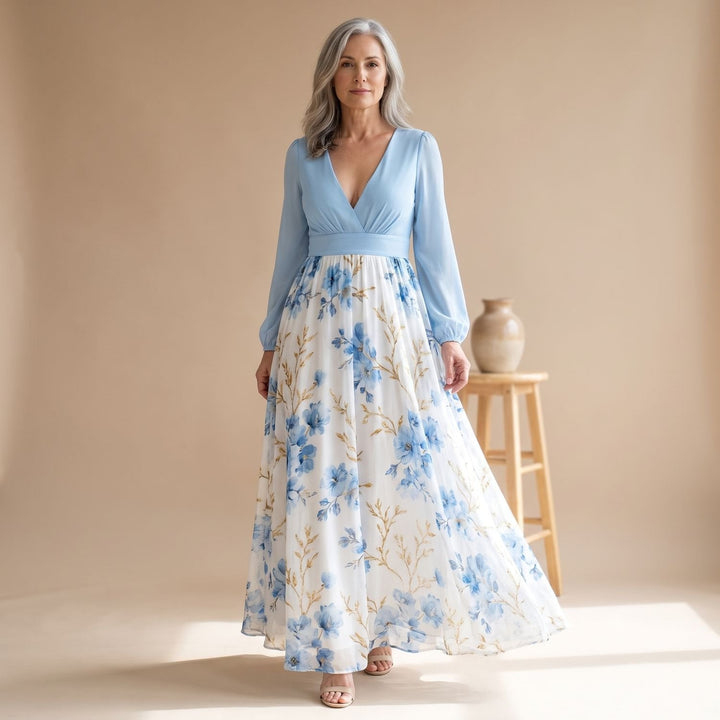 Veldara | Women's Summer Maxi Dress Floral Long Sleeve - Light Blue - Image 3