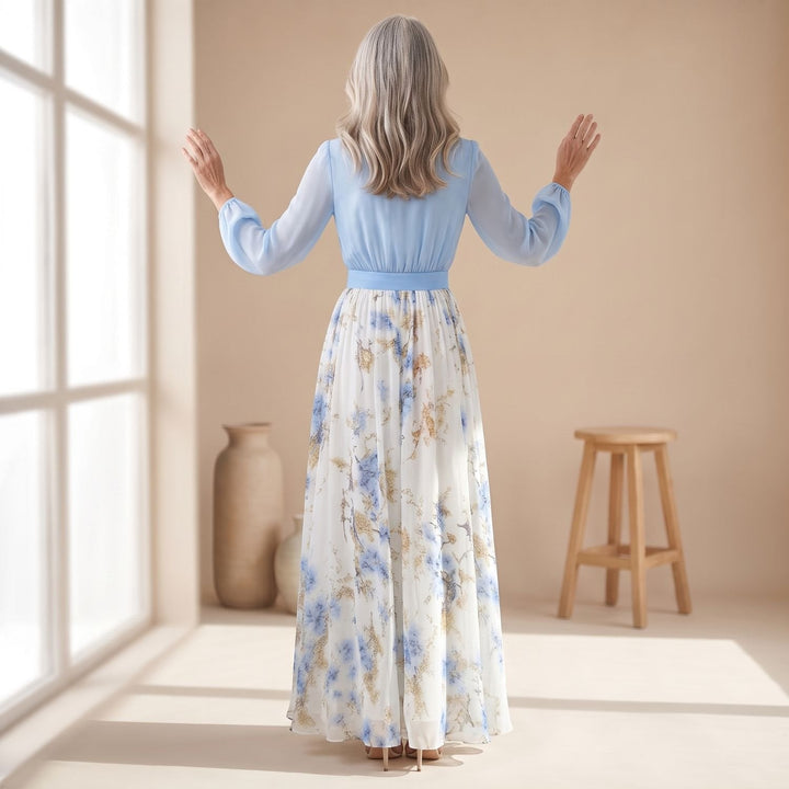 Veldara | Women's Summer Maxi Dress Floral Long Sleeve - Light Blue - Image 4
