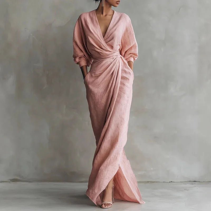 Veldara | Women's Wrap Maxi Dress Deep V-Neck - Pink - Image 1