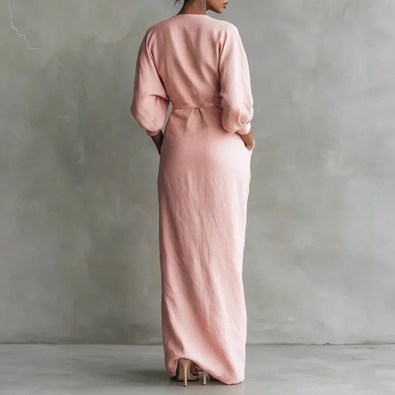 Veldara | Women's Wrap Maxi Dress Deep V-Neck - Pink - Image 4