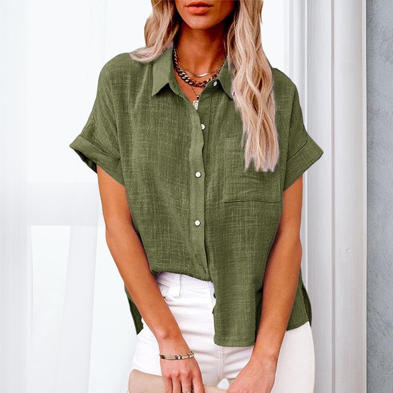 Veldenne | Women's Casual Button-Up Linen Blend Shirt - Olive Green - Image 1
