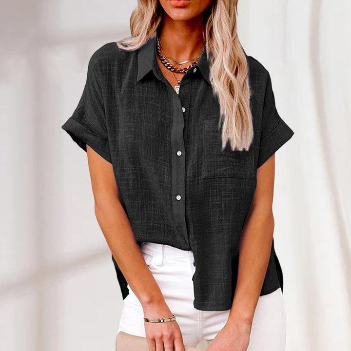 Veldenne | Women's Casual Button-Up Linen Blend Shirt - Olive Green - Image 3