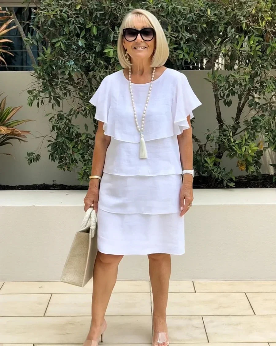 Veldorne | Women's Tiered Summer Dress Flutter Sleeve - White - Image 1