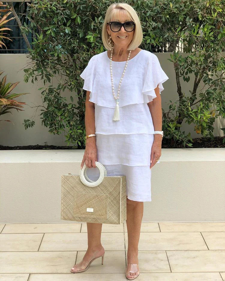 Veldorne | Women's Tiered Summer Dress Flutter Sleeve - White - Image 2