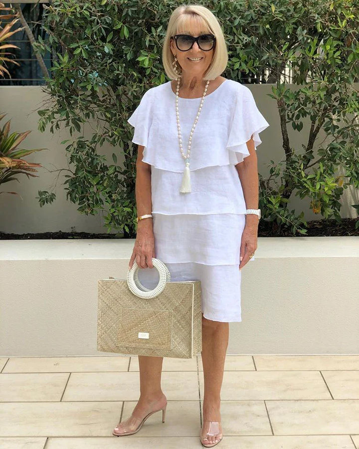 Veldorne | Women's Tiered Summer Dress Flutter Sleeve - White - Image 2