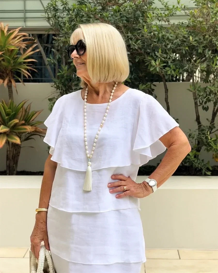 Veldorne | Women's Tiered Summer Dress Flutter Sleeve - White - Image 3