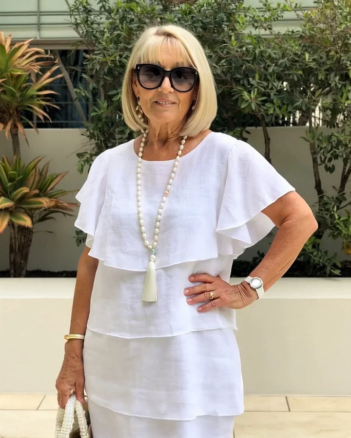 Veldorne | Women's Tiered Summer Dress Flutter Sleeve - White - Image 4
