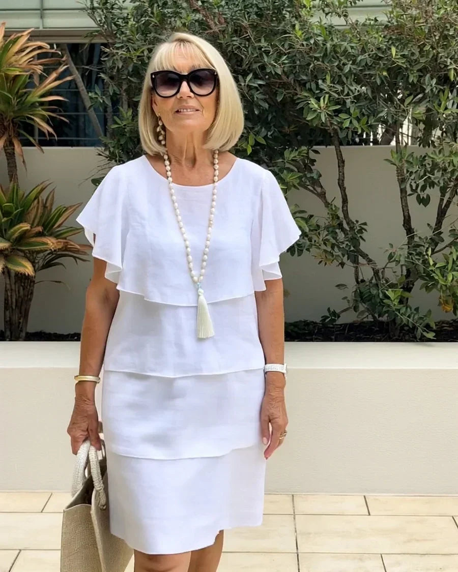 Veldorne | Women's Tiered Summer Dress Flutter Sleeve - White - Image 5