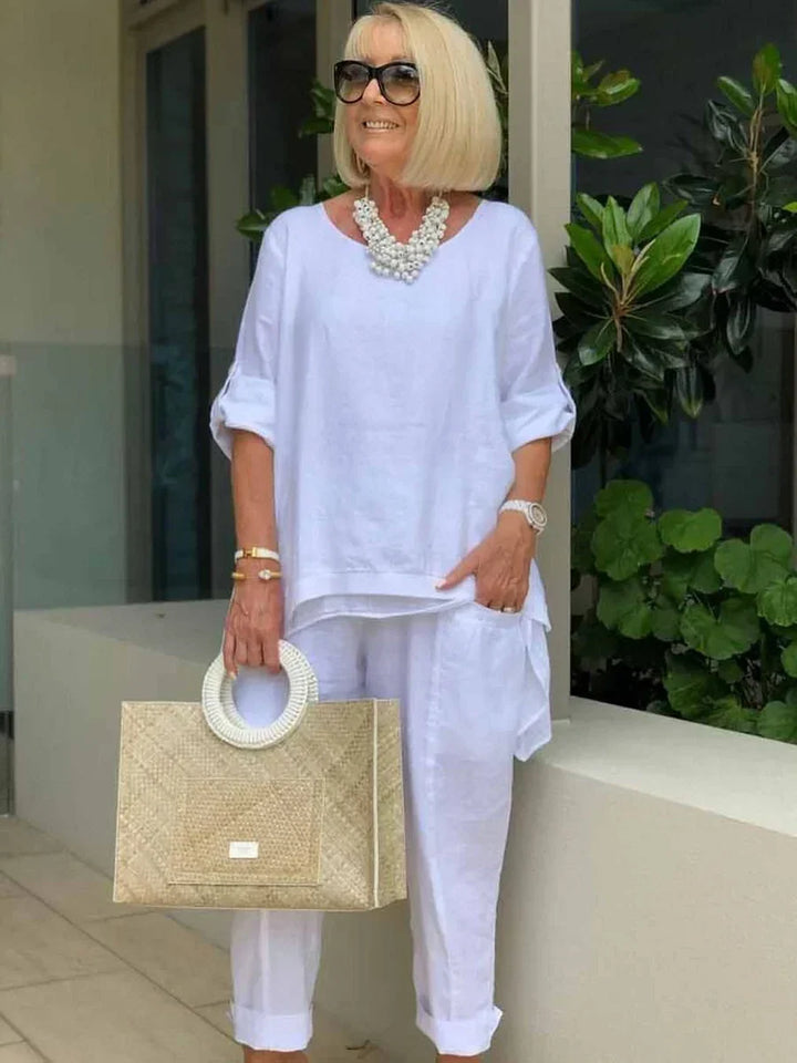 Veldrine | Women's Linen Two Piece Set - White - Image 1