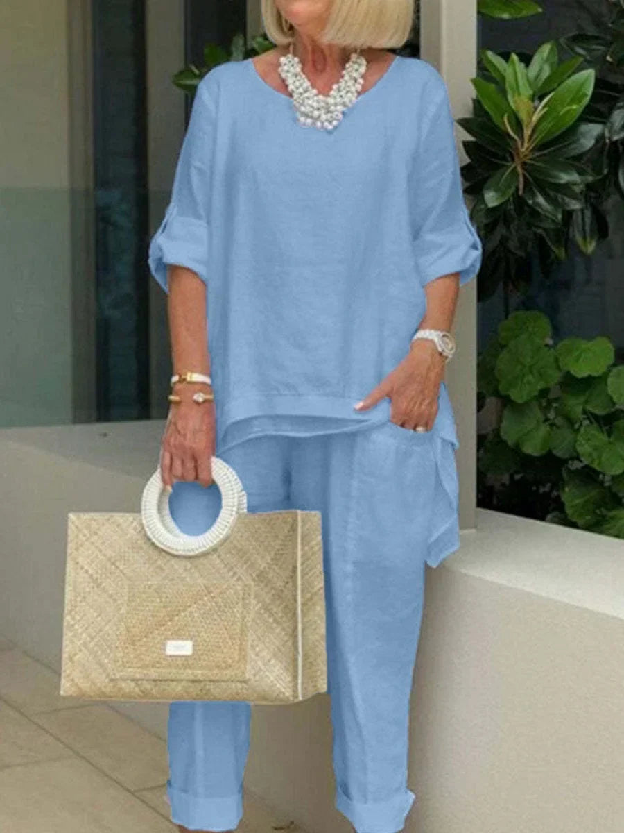 Veldrine | Women's Linen Two Piece Set - White - Image 4