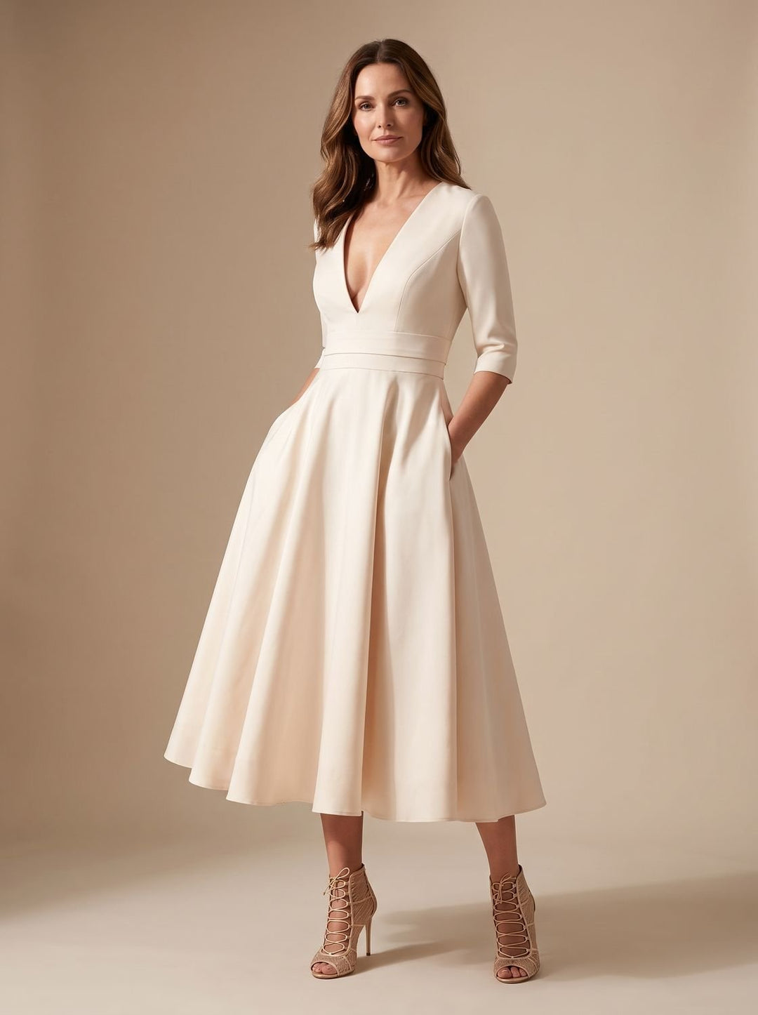 Veldris | Women's Deep V-Neck Midi Cocktail Dress - Cream - Image 1
