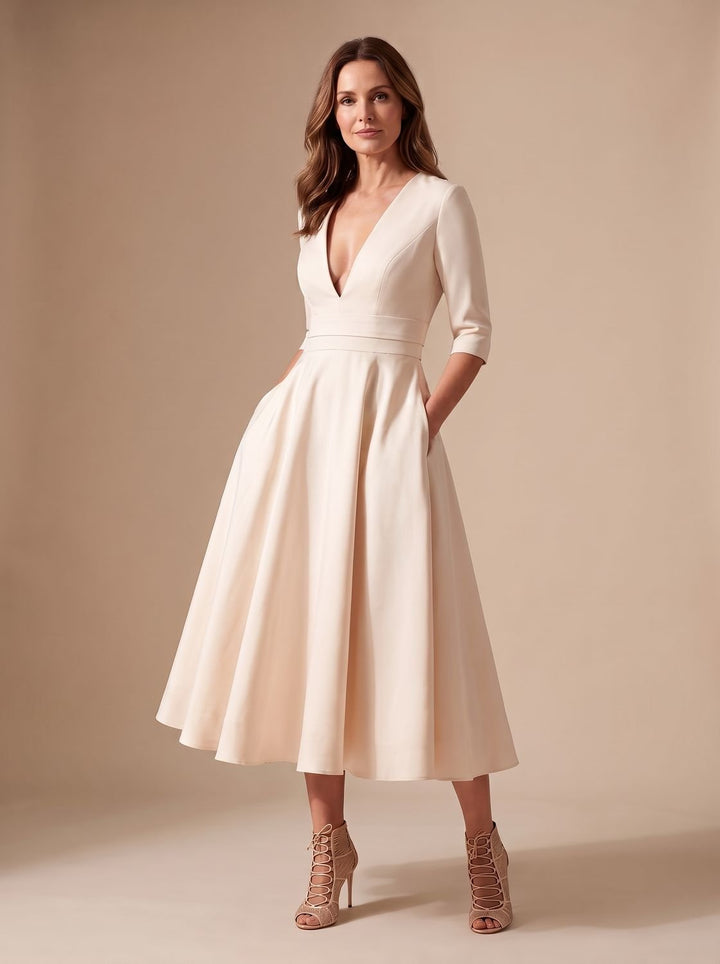 Veldris | Women's Deep V-Neck Midi Cocktail Dress - Cream - Image 2