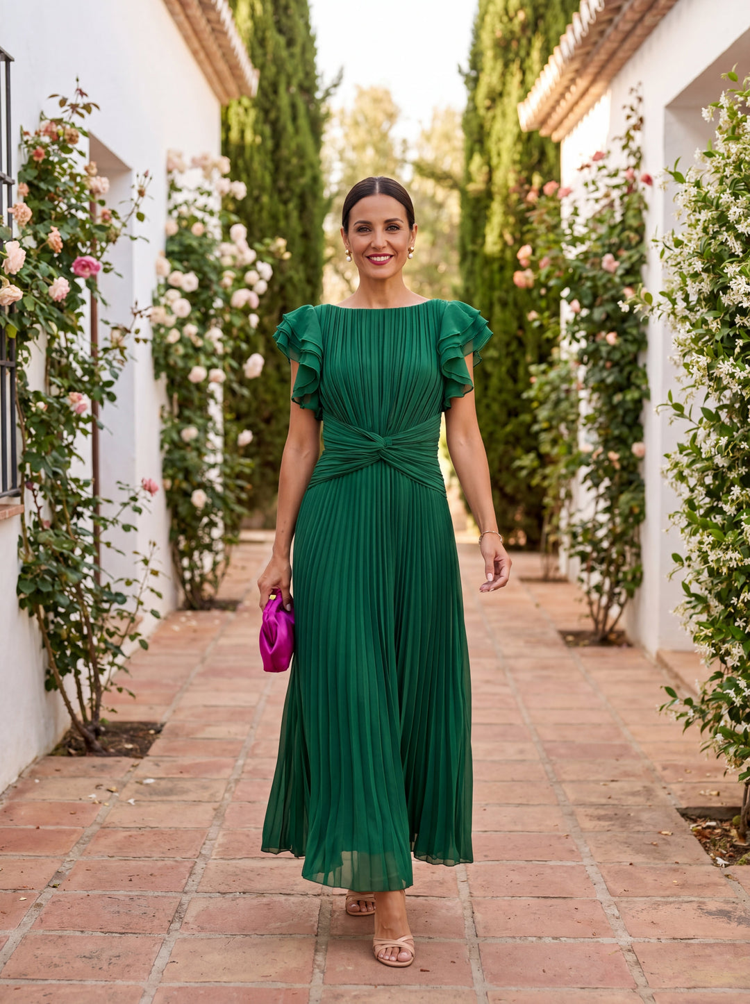 Veldris | Women's Pleated Maxi Dress Formal Gown - Hot Pink - Image 3