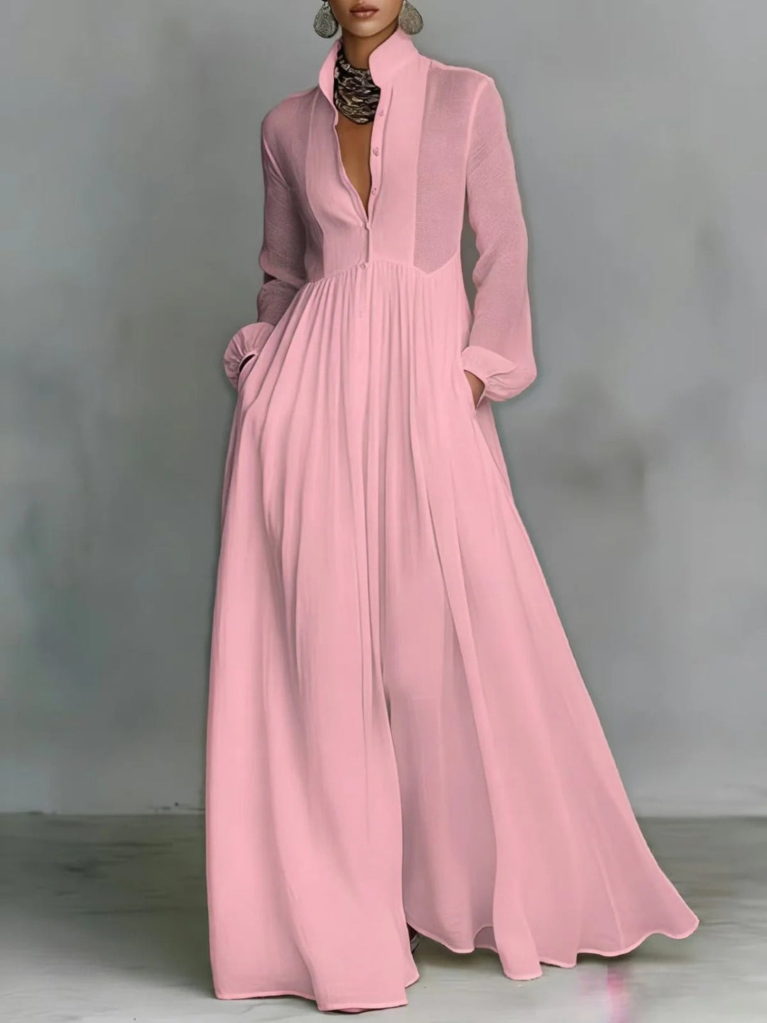 Veldris | Women's Summer Maxi Dress Long Sleeve - Light Pink - Image 1