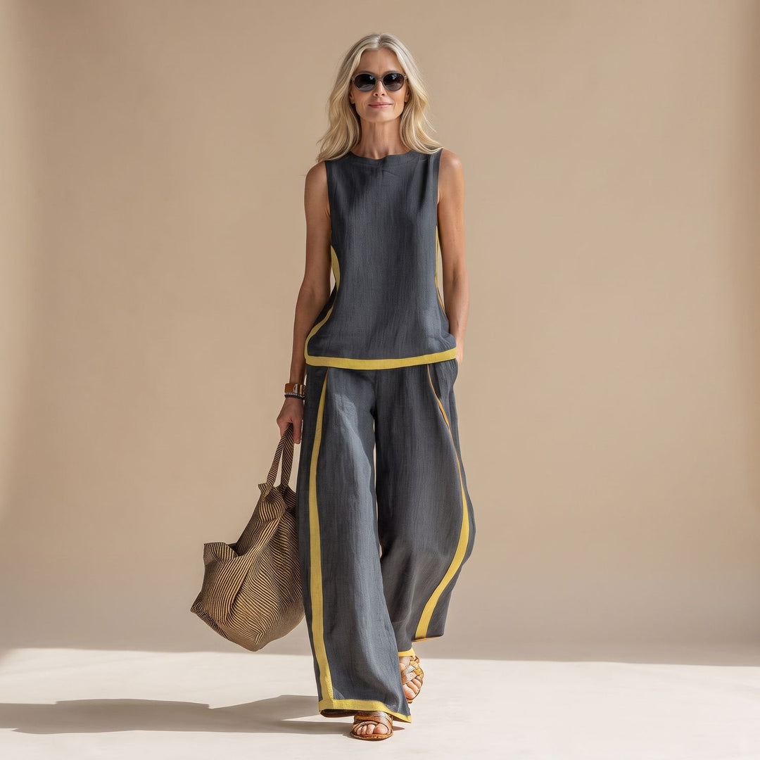 Veldwyn | Women's Boho Top & Wide-Leg Pants Set - Dark Grey - Image 1